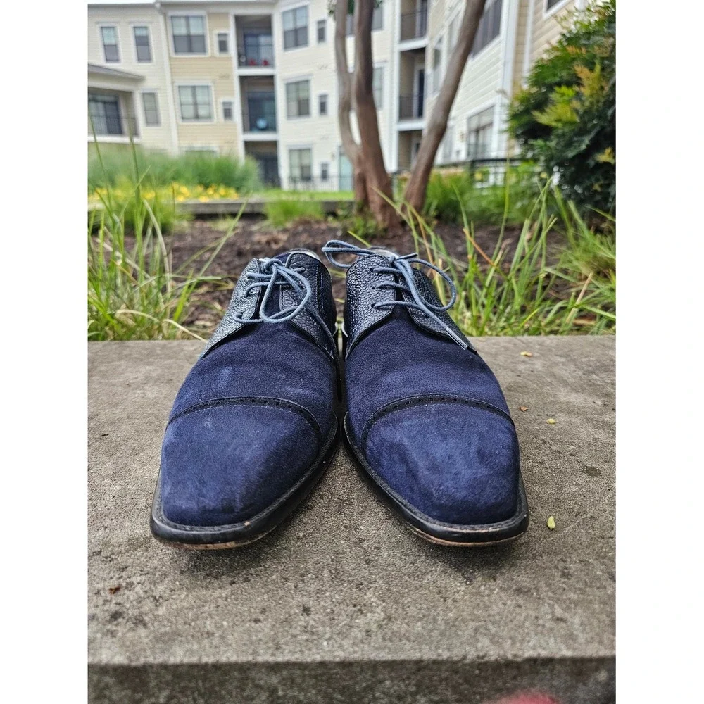 Mezlan Janus Oxford Mens 9 Navy Blue Suede Pebbled Leather Cap Toe Dress Shoes ~